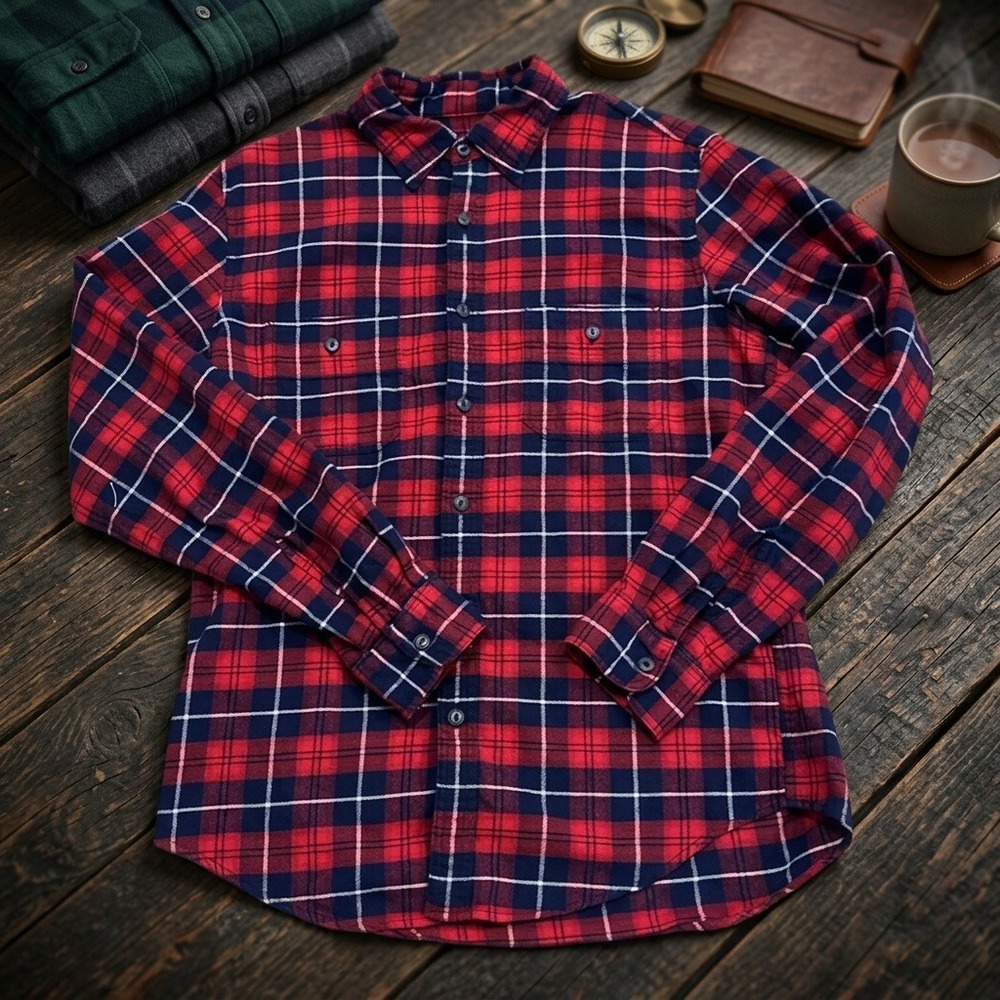 J. Crew Flannel Shirt Men's Medium Red Navy Blue Plaid Long Sleeve Button Up